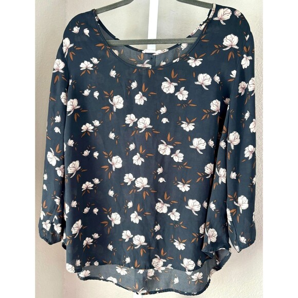 Lush Womens Floral Blouse Top Shirt Sheer Button Tab‎ Sleeve Navy Blue 1X - 2X - Picture 1 of 8